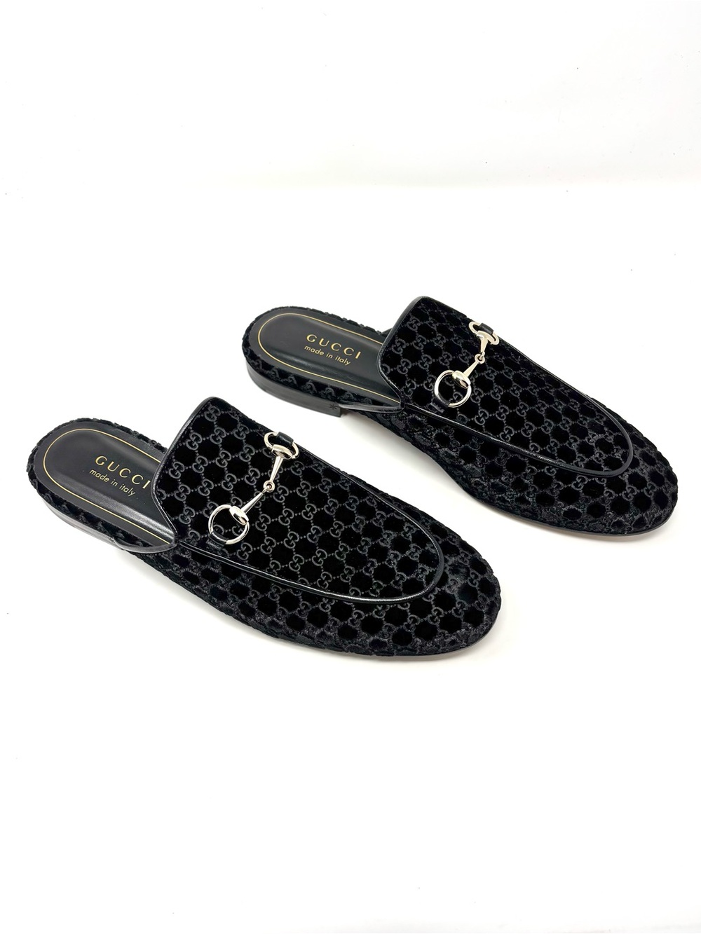 Gucci Princetown Horsebit Black Velvet GG Monogram Loafers Mules Flats 40